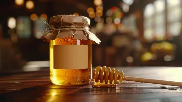 ai generated jar of honey on wooden table free photo