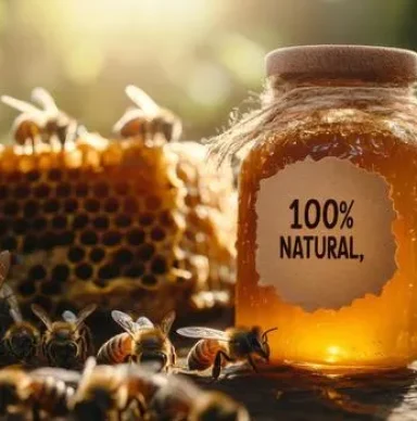 bees producing delicious organic honey in glass jar with honeycomb photo
